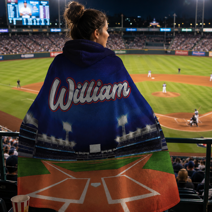 Custom name hooded wearable blanket in baseball grandstand Minky fleece design
