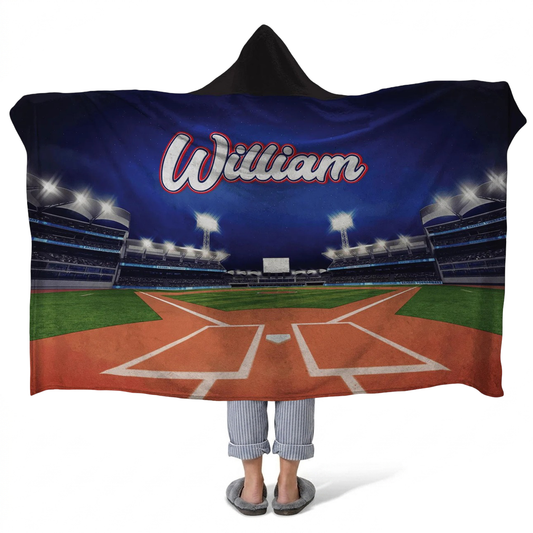 Baseball grandstand personalized hooded fleece blanket with custom name for fans
