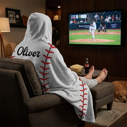 Baseball fan wearing personalized baseballs hooded blanket as end of season gift
