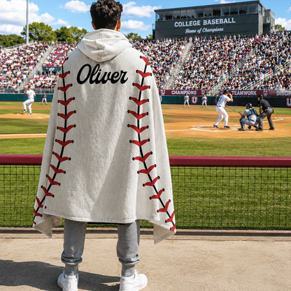 Close-up of custom name on baseballs Minky fleece hooded wearable blanket design
