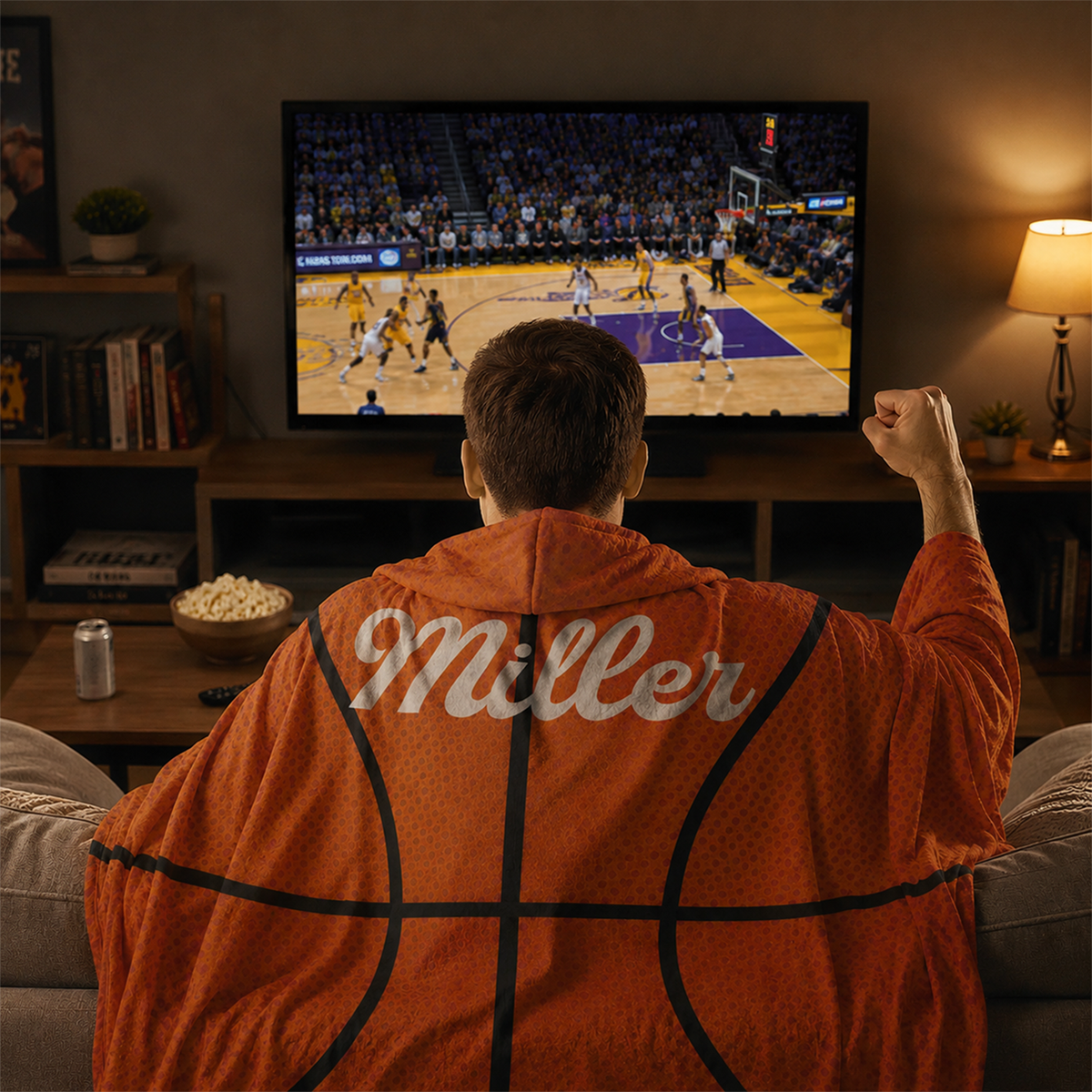 Basketball personalized hooded blanket laid flat showing full 47 by 78 inch size
