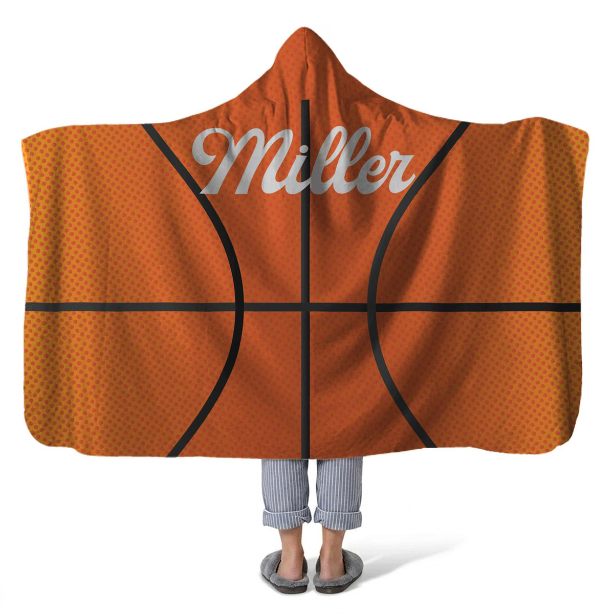 Custom name hooded wearable blanket in basketball Minky fleece bold sports design
