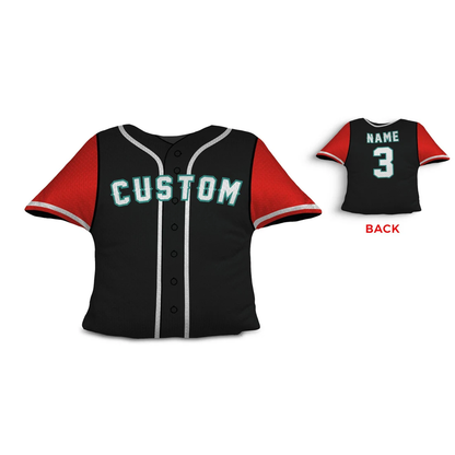 Baseball jersey throw pillow in black red and white as custom birthday gift for fans