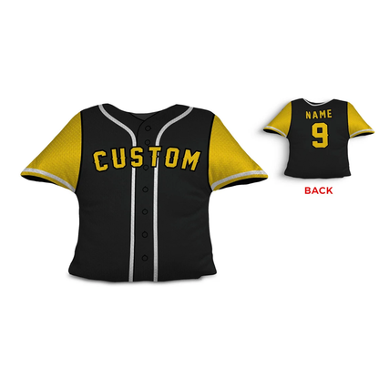 Baseball jersey personalized throw pillow in black and yellow as custom team gift