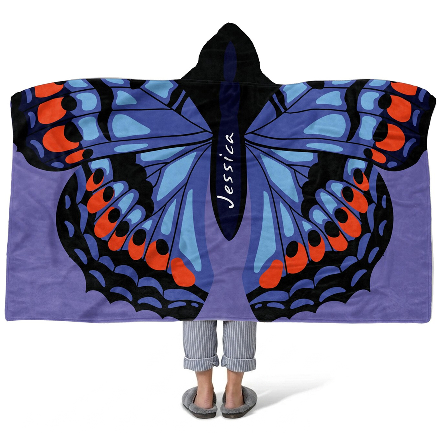 Butterfly flame wings personalized hooded fleece blanket with custom name in bold colors
