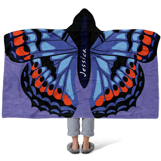 Butterfly flame wings personalized hooded fleece blanket with custom name in bold colors
