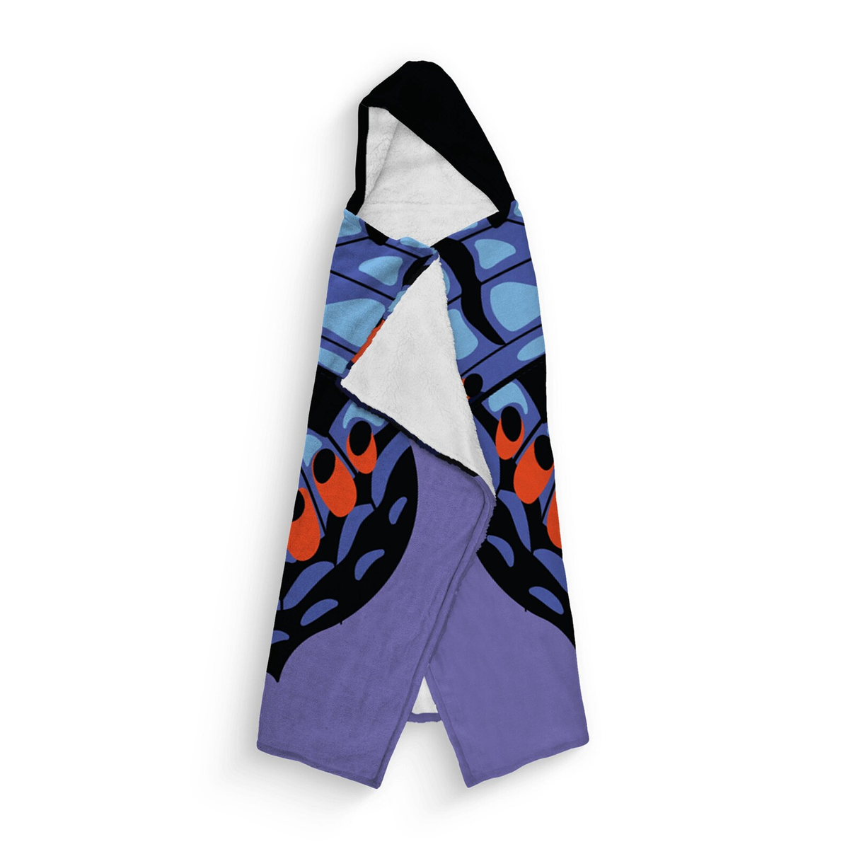 Close-up of custom name on butterfly flame wings Minky fleece hooded wearable blanket
