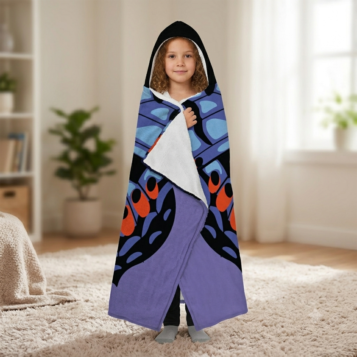 Teen wearing personalized butterfly flame wings hooded blanket as birthday gift
