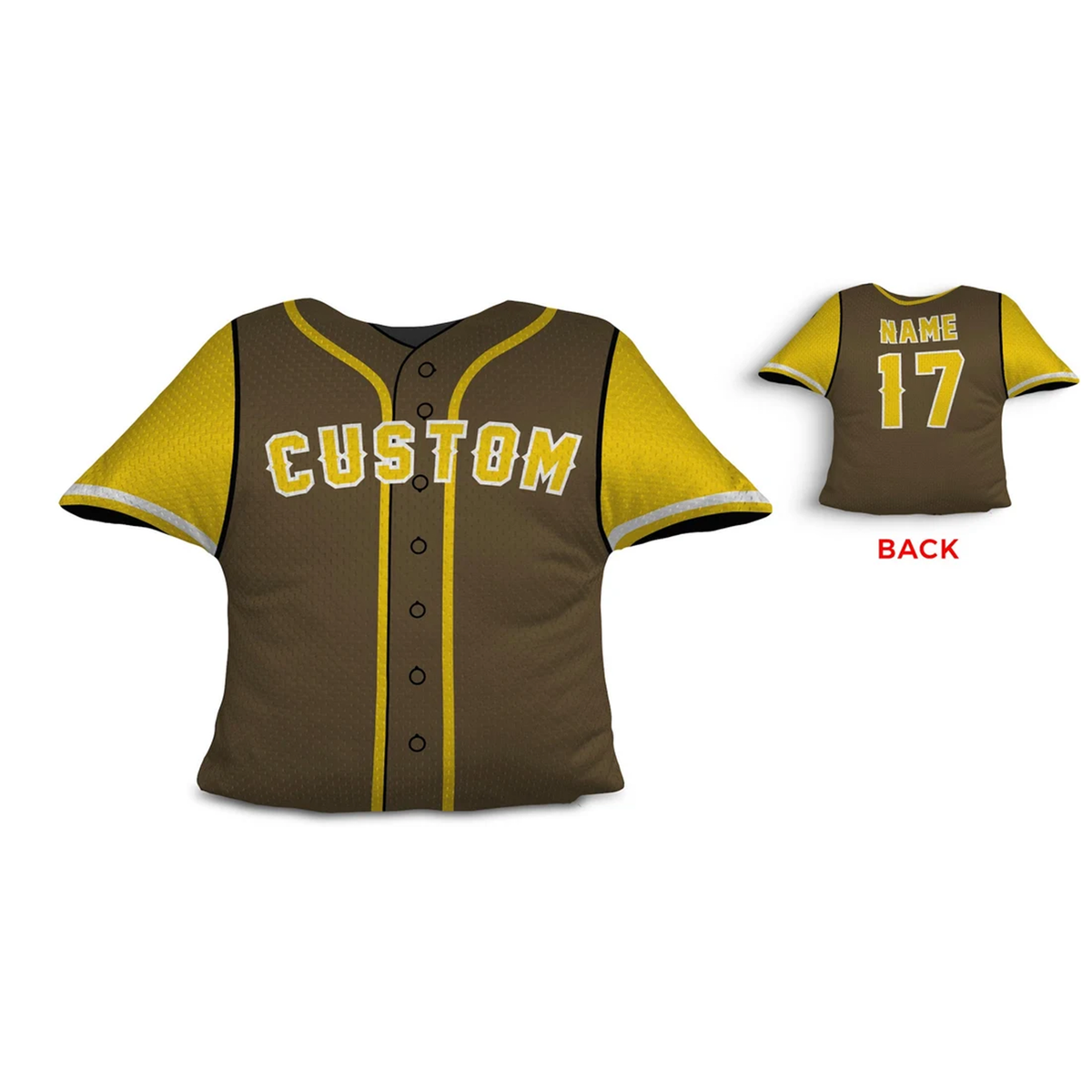 Baseball jersey throw pillow in brown and gold as custom personalized birthday gift