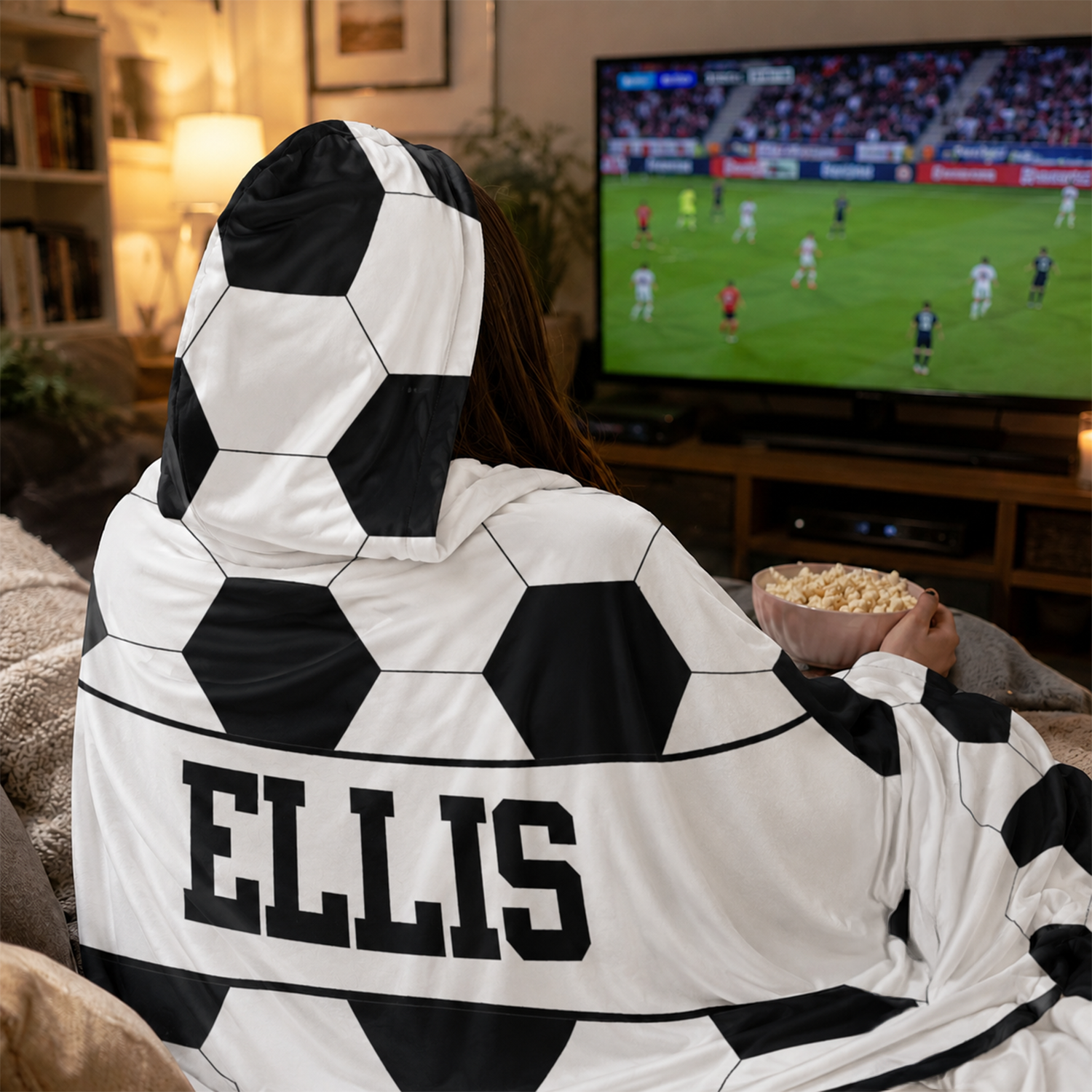 Custom name hooded wearable blanket in soccer ball Minky fleece sports design
