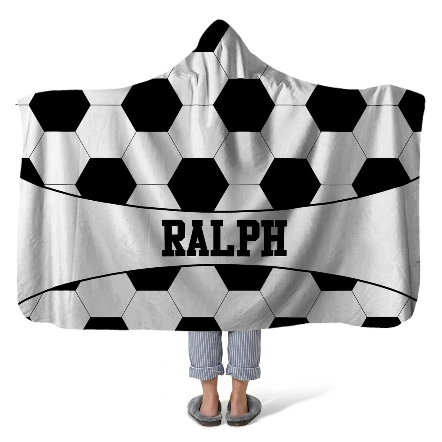 Soccer ball personalized hooded fleece blanket with custom name for players and fans
