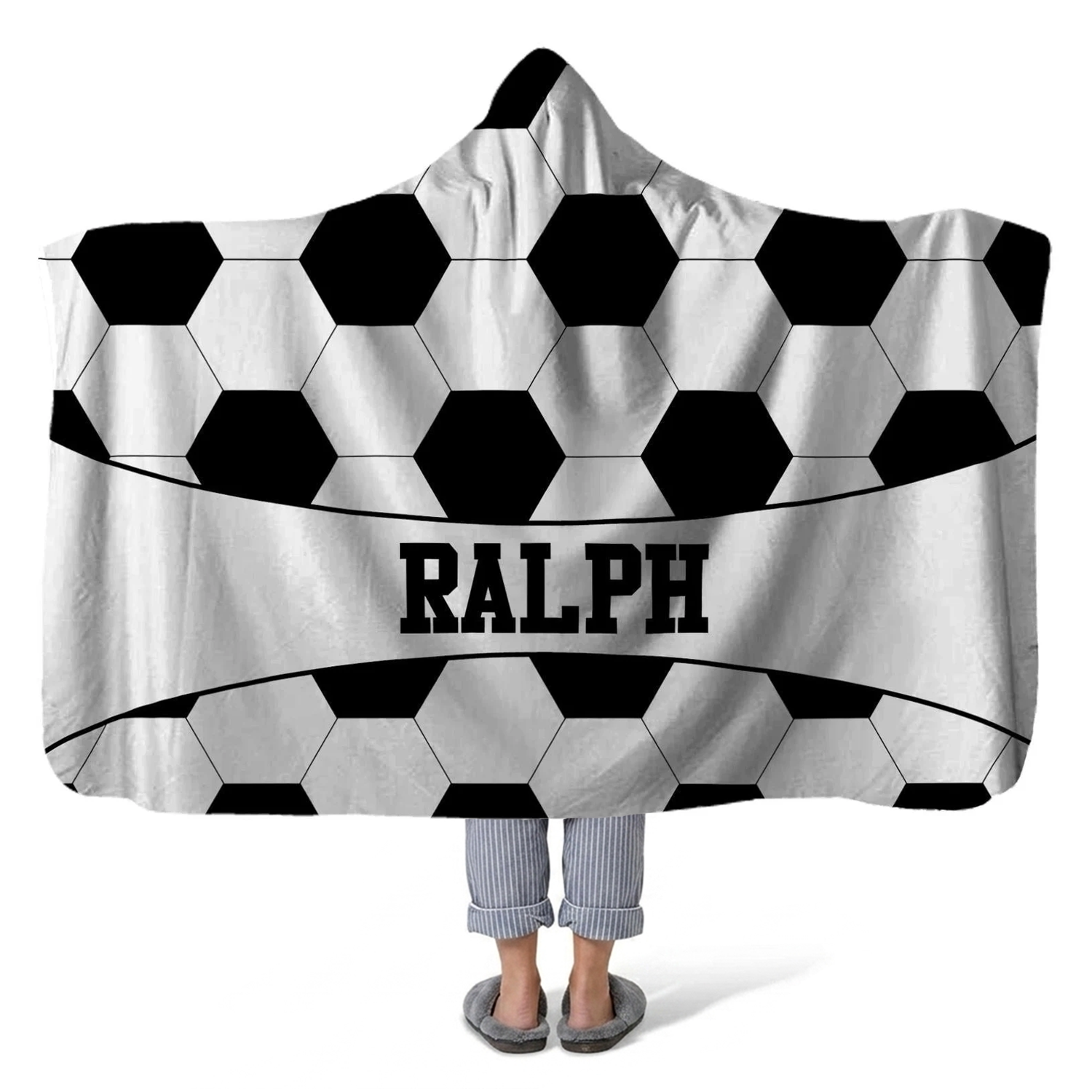 Soccer ball personalized hooded fleece blanket with custom name for players and fans
