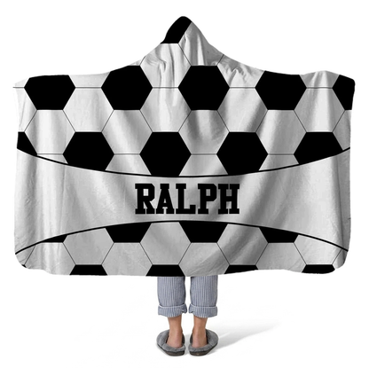 Soccer ball personalized hooded fleece blanket with custom name for players and fans
