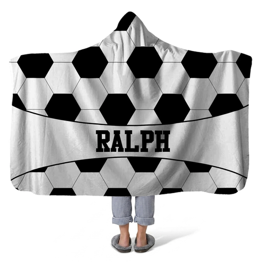 Soccer ball personalized hooded fleece blanket with custom name for players and fans
