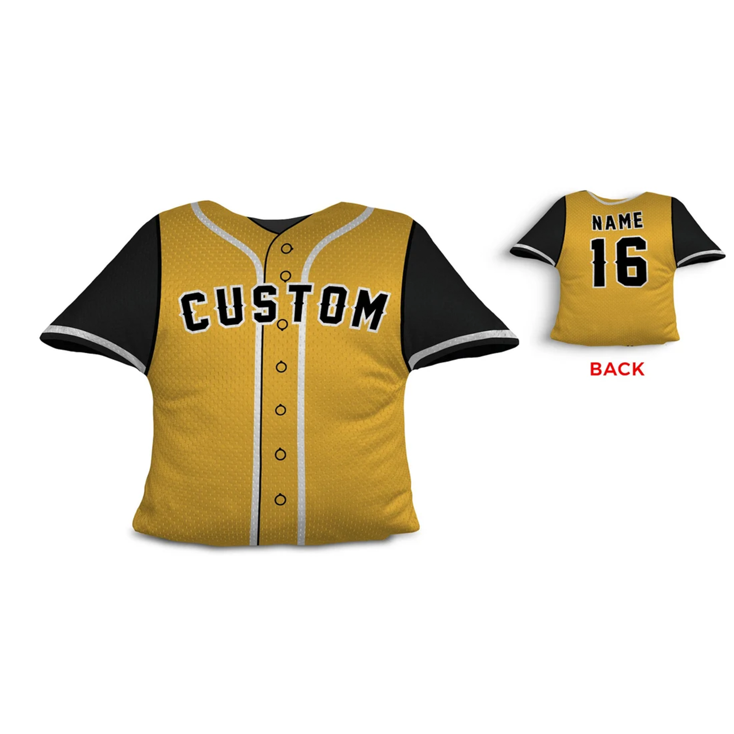 Baseball jersey personalized throw pillow in gold and black as custom sports gift
