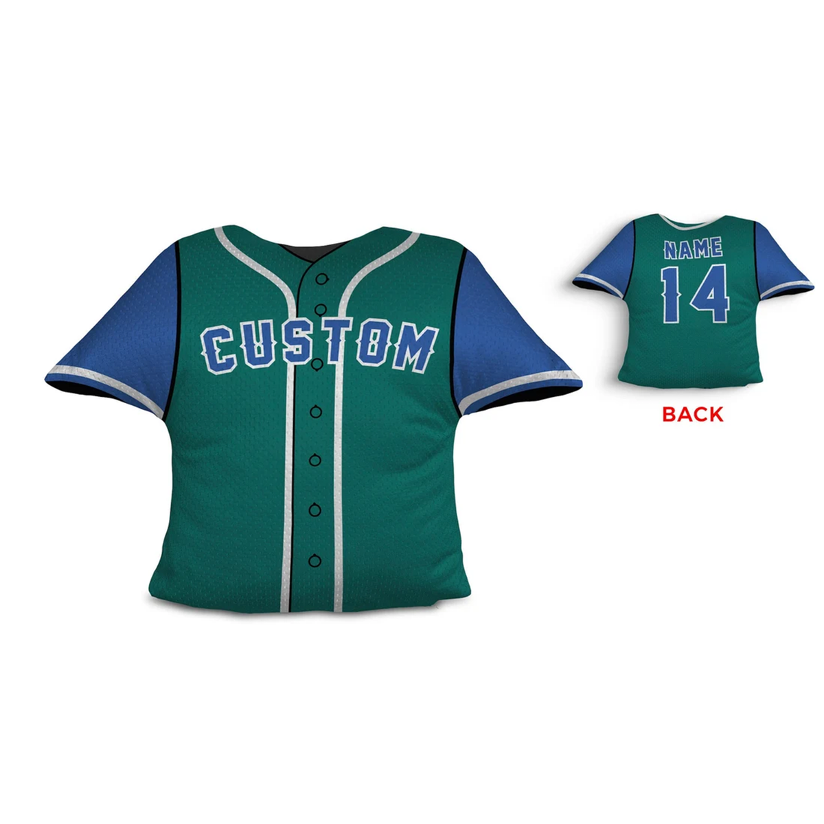 Baseball jersey throw pillow in green and royal blue as personalized team sport gift