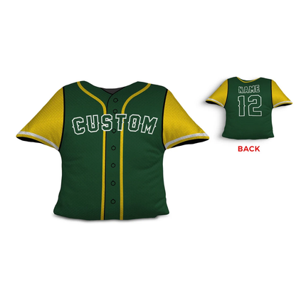 Baseball jersey personalized throw pillow in green and yellow as custom team gift
