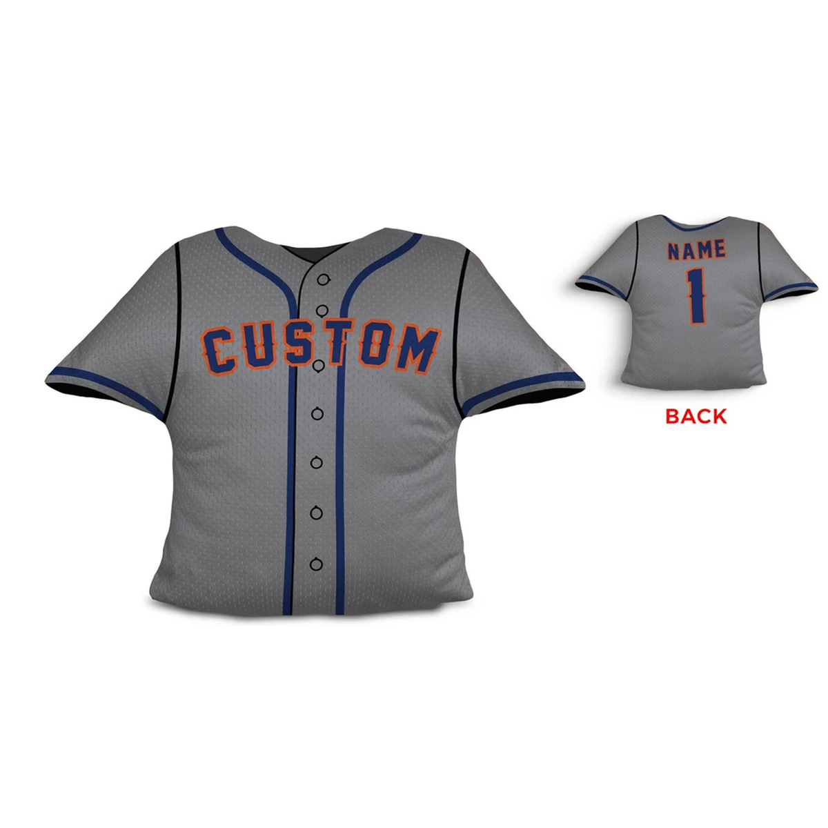 Baseball jersey throw pillow in gray orange and royal blue as custom sports gift