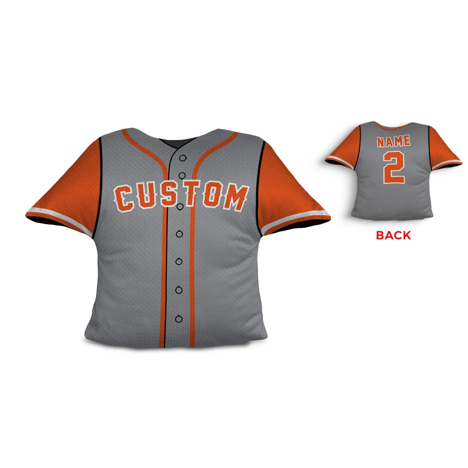 Baseball jersey personalized throw pillow in gray orange and white as team gift