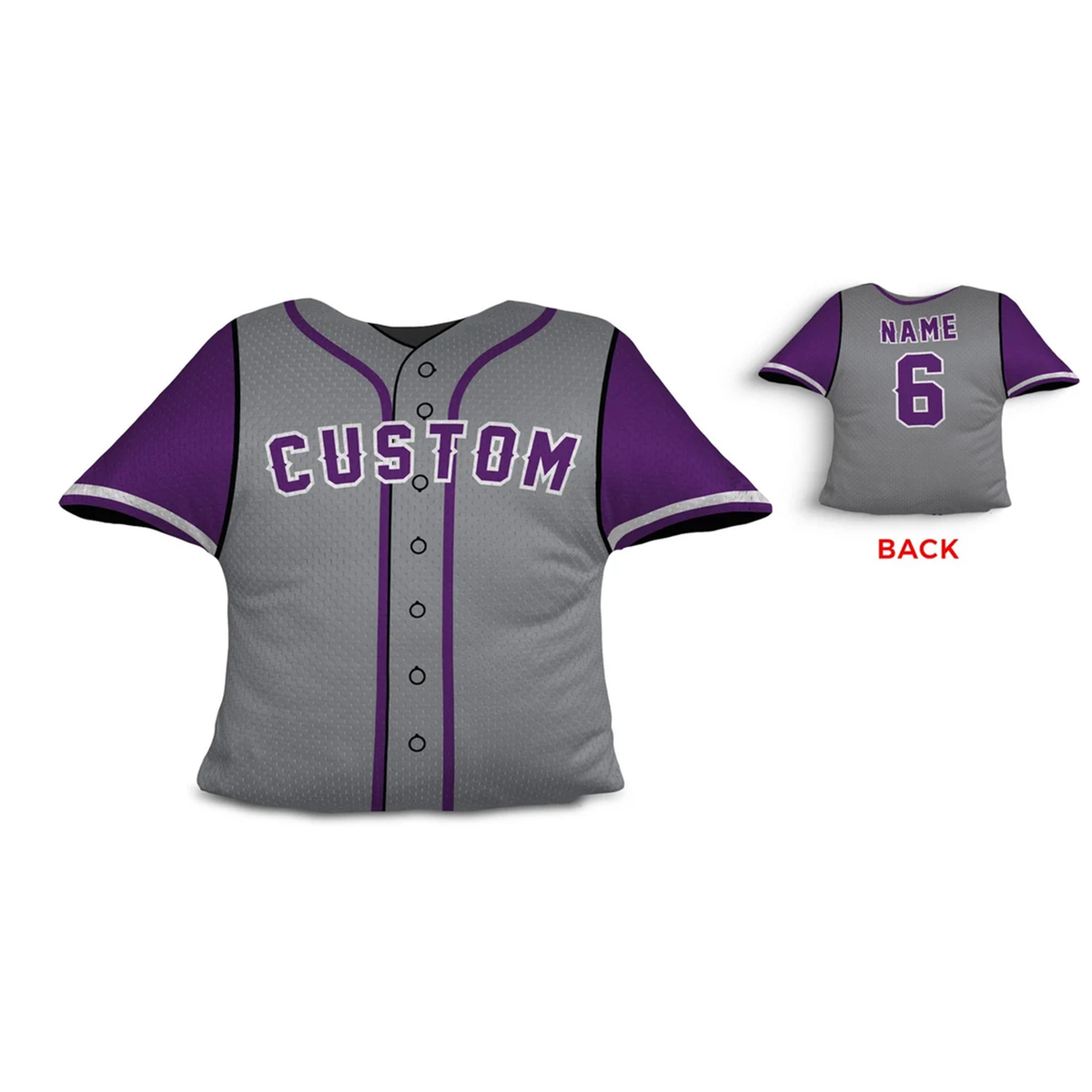 Baseball jersey throw pillow in gray and purple as custom personalized team gift