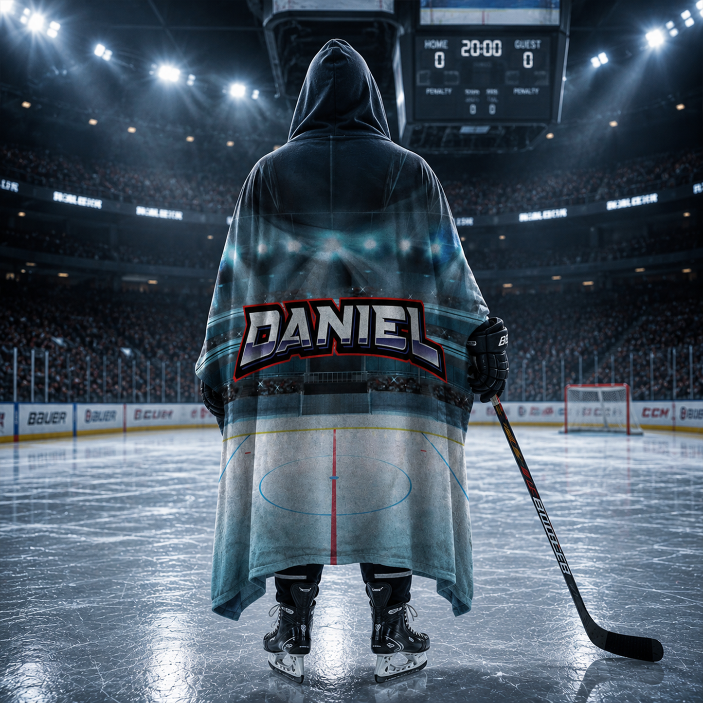 Hockey rink personalized hooded blanket showing full 47 by 78 inch Minky fleece size
