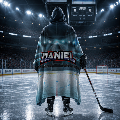 Hockey rink personalized hooded blanket showing full 47 by 78 inch Minky fleece size
