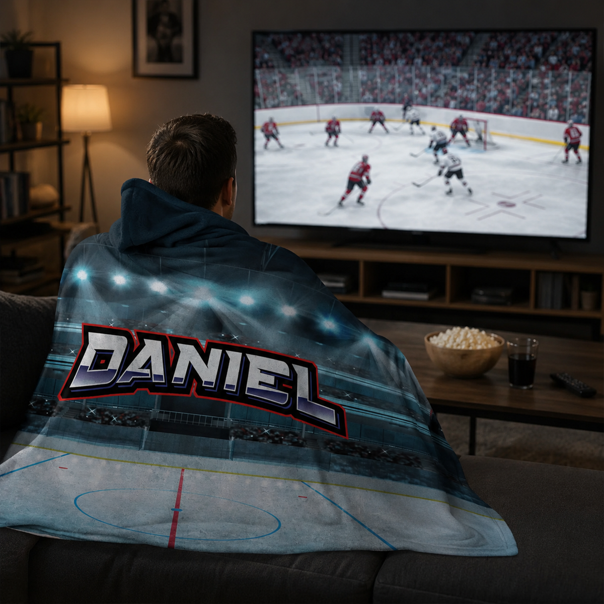 Hockey player wearing personalized hooded fleece blanket as birthday sports gift
