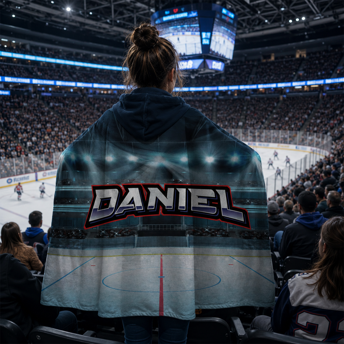 Custom name hooded wearable blanket in hockey rink Minky fleece sports design
