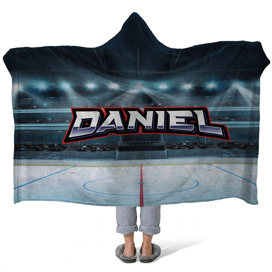 Hockey rink personalized hooded fleece blanket with custom name for players and fans
