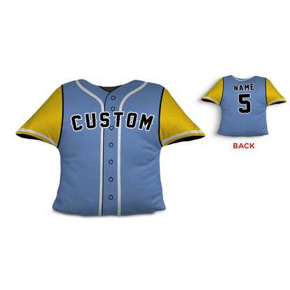 Baseball jersey personalized throw pillow in light blue yellow and black as gift