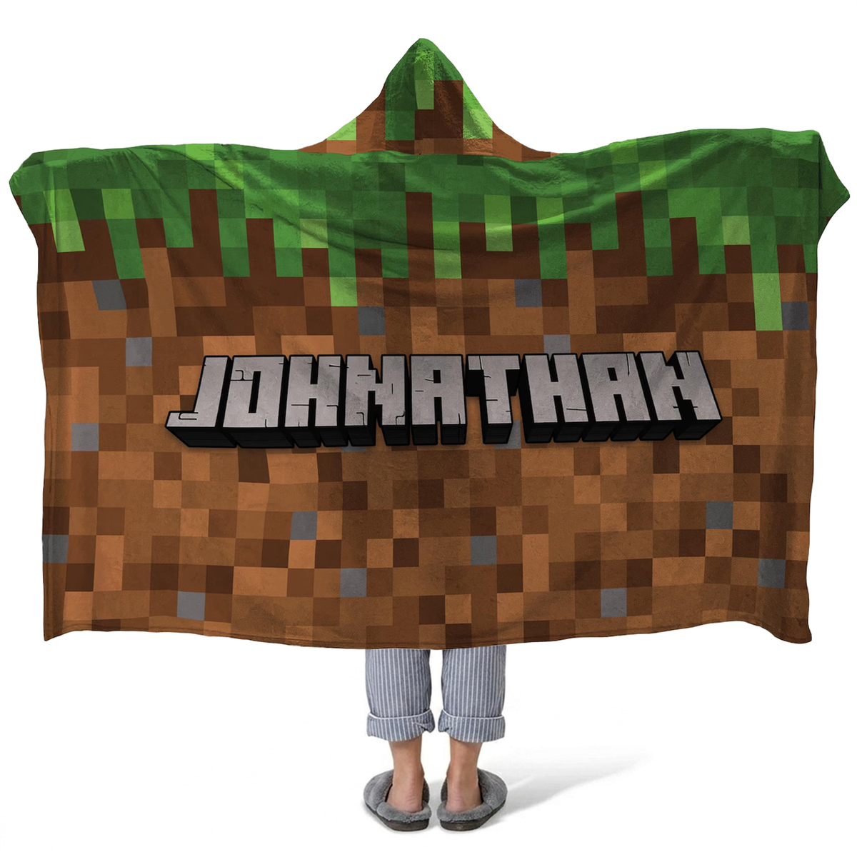 Pixelcraft personalized hooded fleece blanket with custom name in retro pixel design
