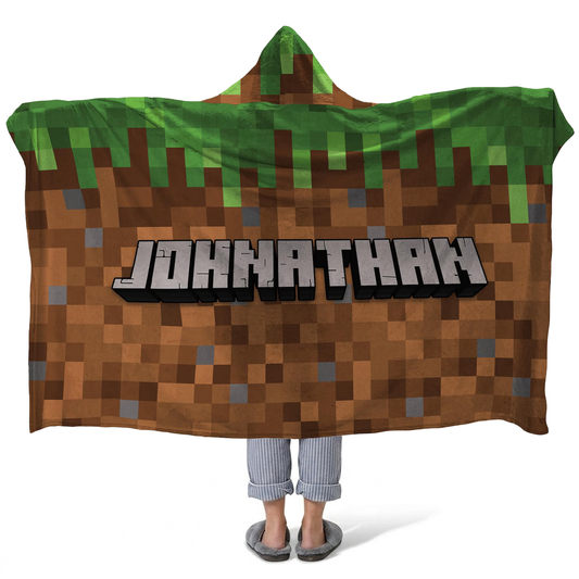 Pixelcraft personalized hooded fleece blanket with custom name in retro pixel design
