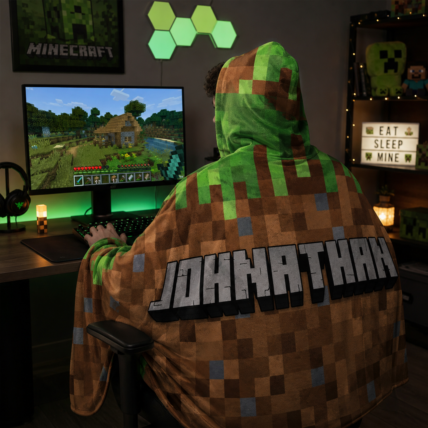 Custom name hooded wearable blanket in retro pixelcraft Minky fleece for gamers
