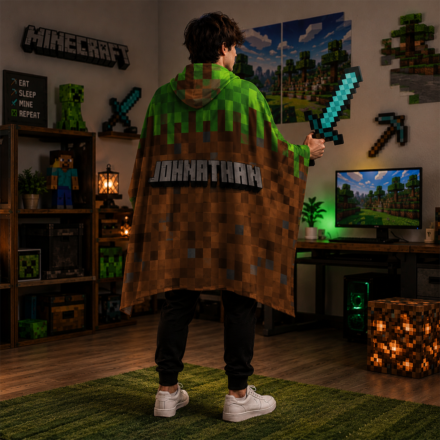 Teen wearing personalized pixelcraft hooded blanket as retro gaming birthday gift
