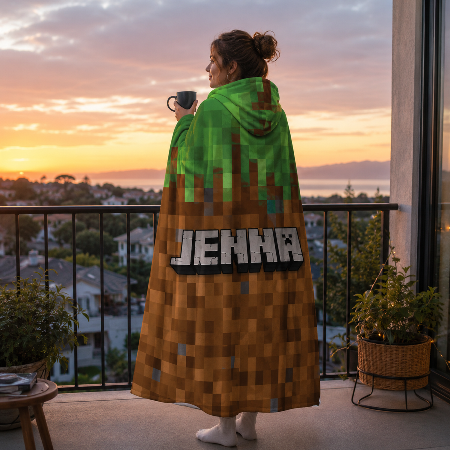 Pixelcraft personalized hooded blanket showing full 47 by 78 inch Minky fleece size
