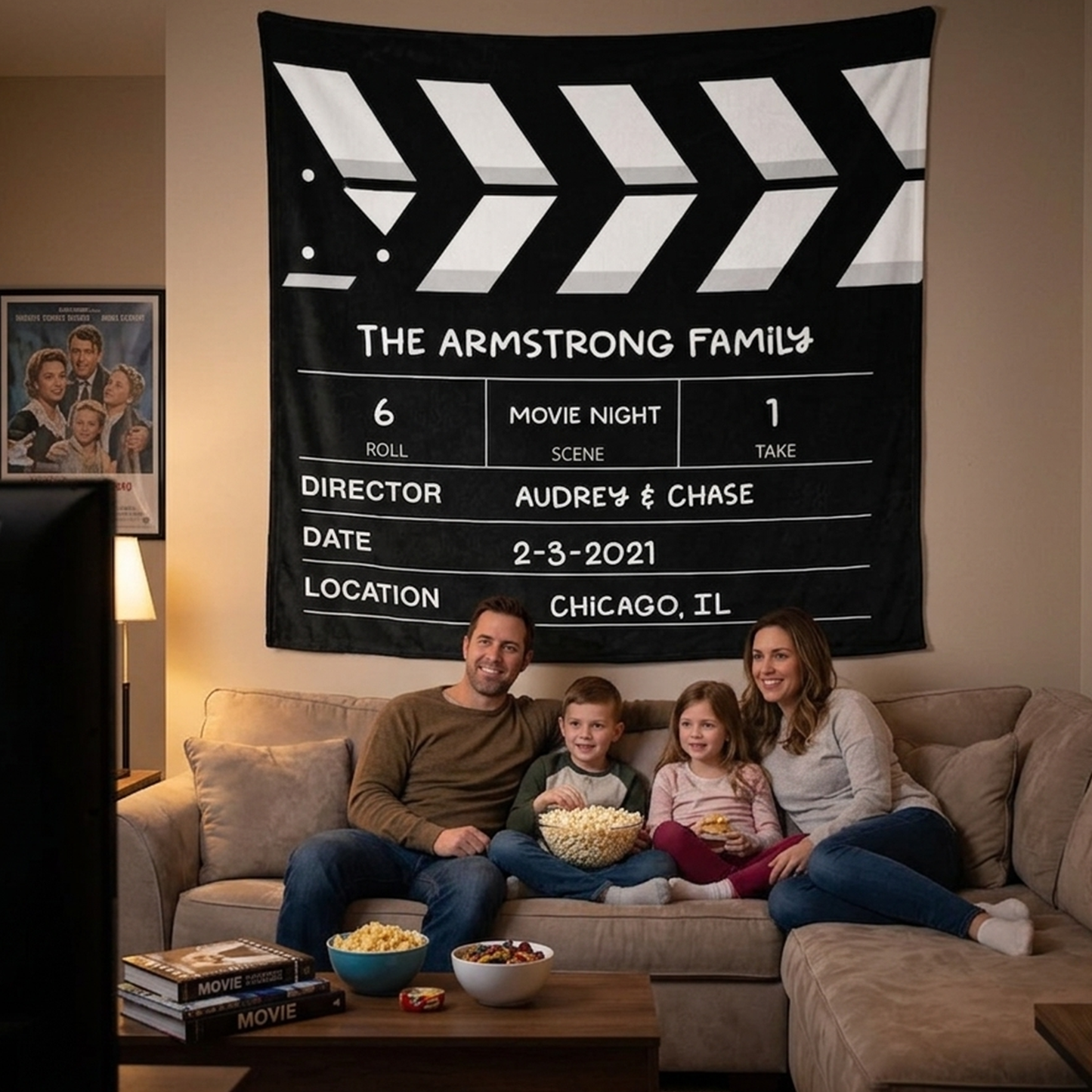 Close-up of custom name on directors cut movie night fleece throw blanket design
