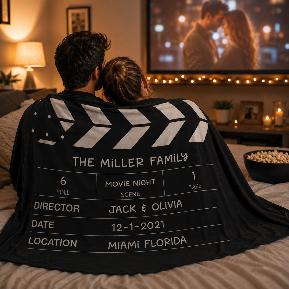 Person wrapped in personalized directors cut movie night blanket during film at home
