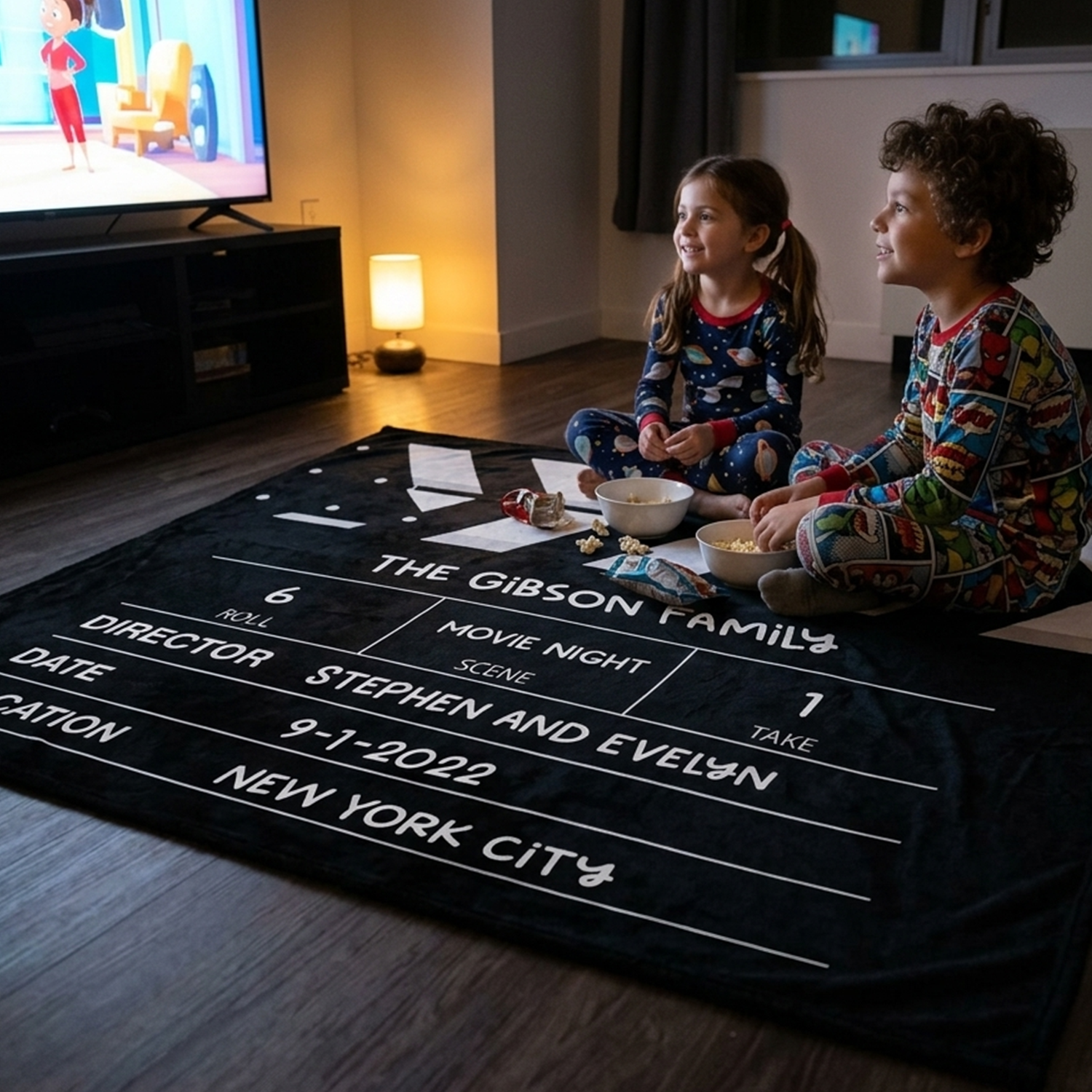 Movie night personalized throw blanket as birthday gift for film lovers and families
