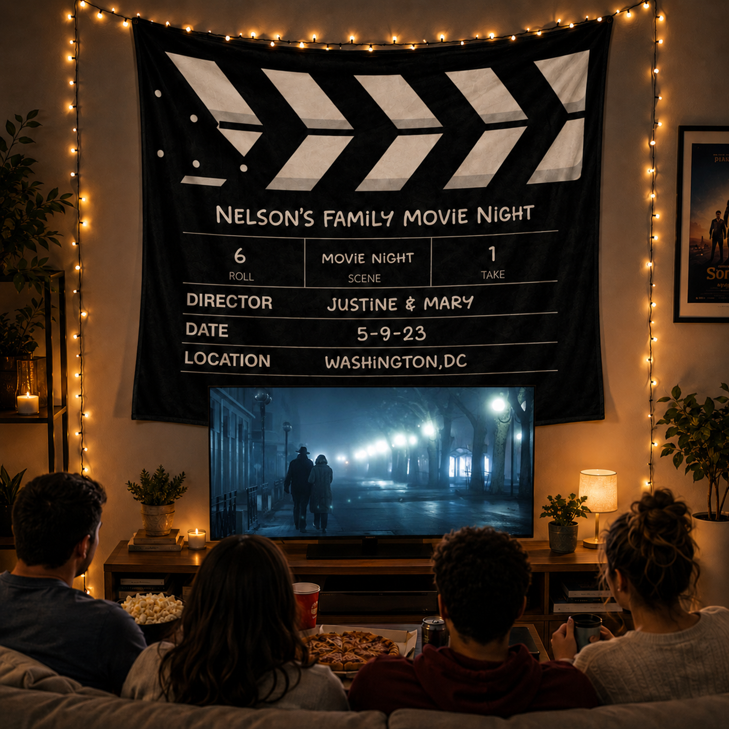Custom name on movie night polyester fleece throw blanket for home cinema lovers
