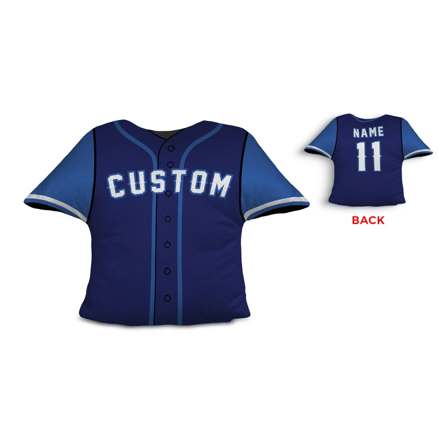 Baseball jersey personalized throw pillow in navy and light blue as custom gift