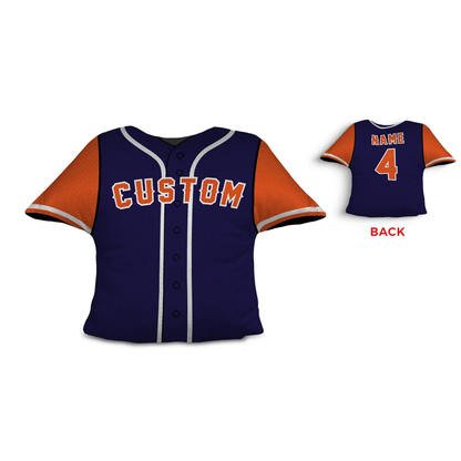 Baseball jersey throw pillow in navy orange and white as custom team birthday gift