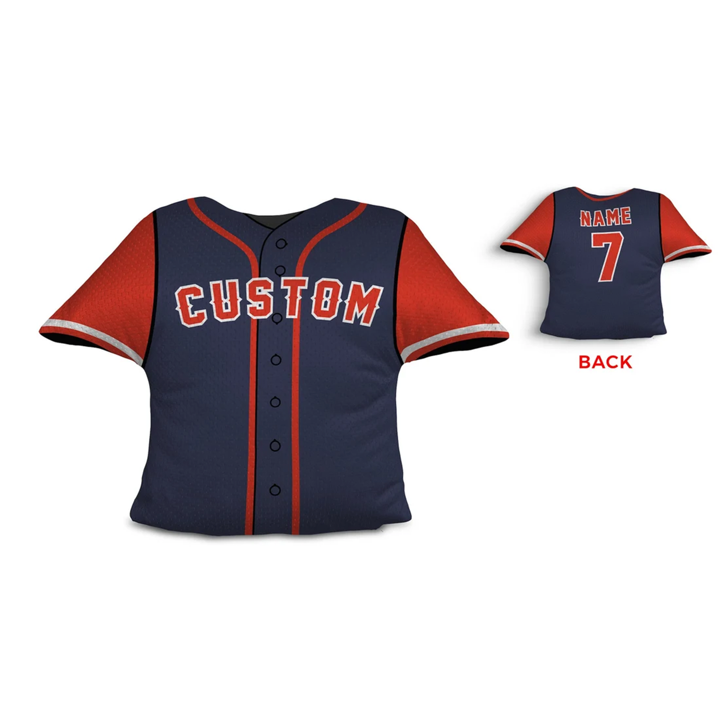 Baseball jersey personalized throw pillow in navy and red as custom sports team gift