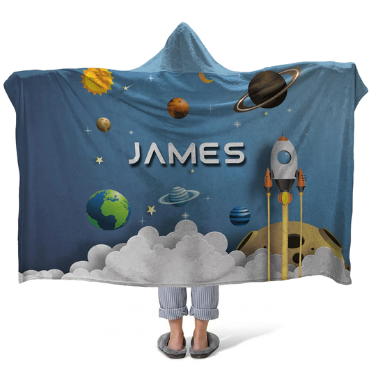 Galaxy spaceship personalized hooded fleece blanket with custom name for space lovers
