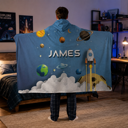 Custom name hooded wearable blanket in galaxy spaceship Minky fleece cosmic design
