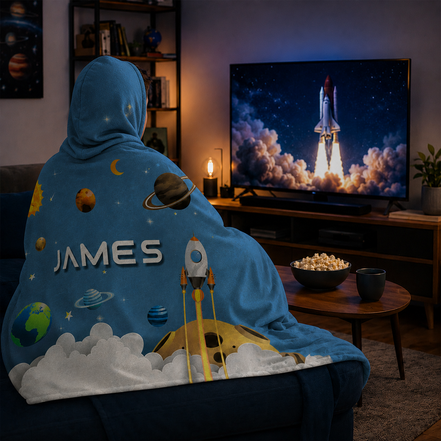 Galaxy spaceship personalized hooded blanket showing full 47 by 78 inch Minky size
