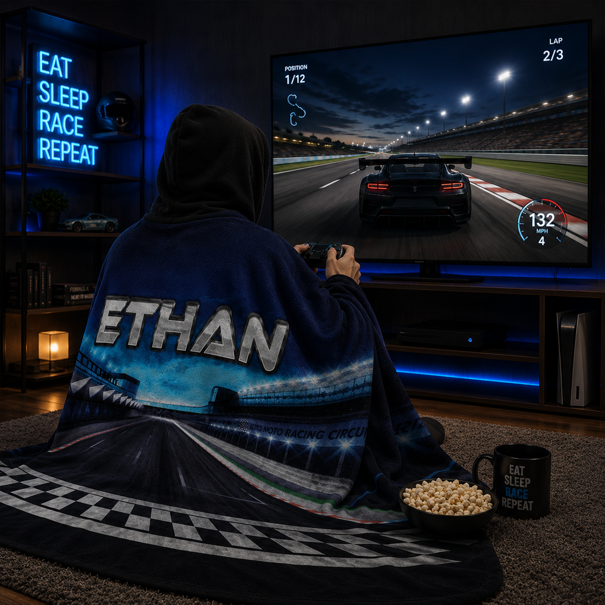 Custom name hooded wearable blanket in race track Minky fleece motorsport design
