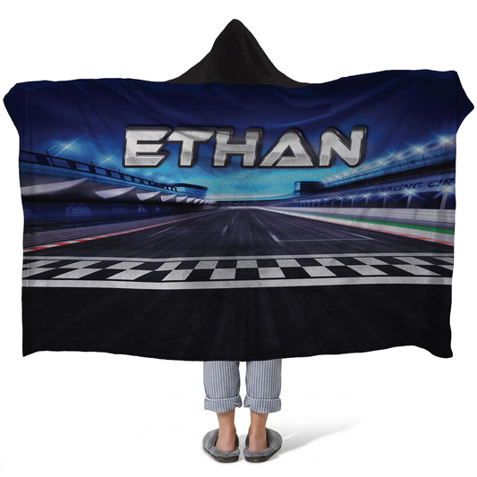 Race track personalized hooded fleece blanket with custom name for car and racing fans
