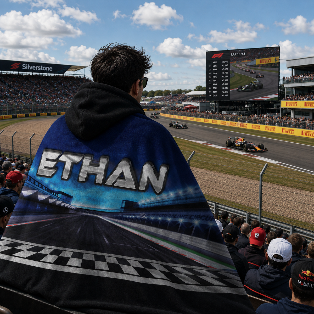 Race track personalized hooded blanket showing full 47 by 78 inch Minky fleece size

