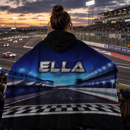 Racing fan wearing personalized race track hooded blanket as birthday motorsport gift

