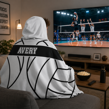 Volleyball player wearing personalized hooded blanket as end of season sports gift
